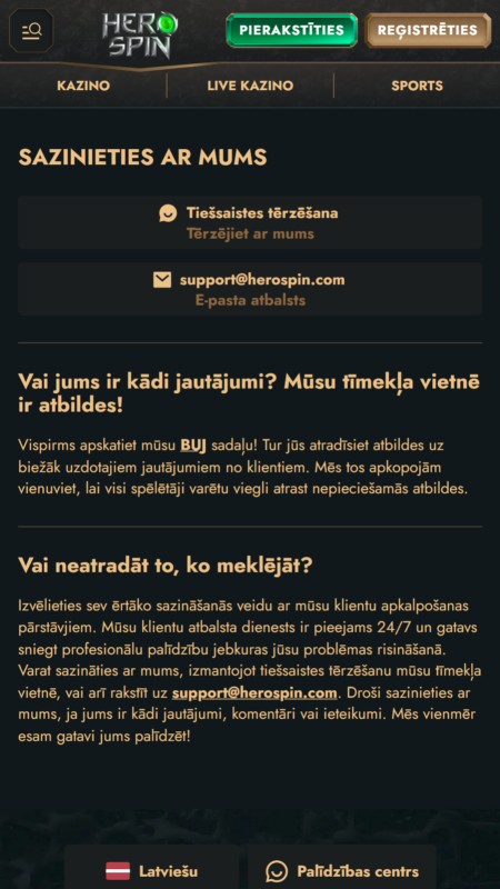 HeroSpin Klientu atbalsts
