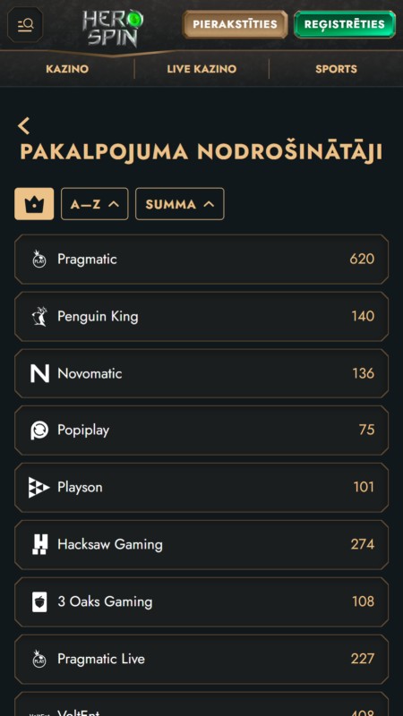 HeroSpin Kazino spēļu piegādātāji