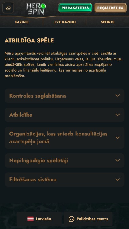 HeroSpin Atbildīga spēle