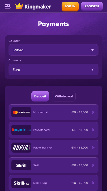 Способы оплаты на Kingmaker