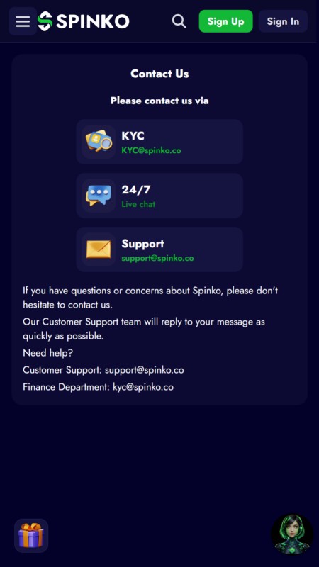Spinko customer support