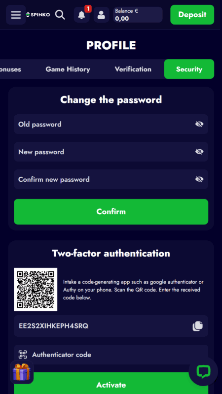Spinko account security
