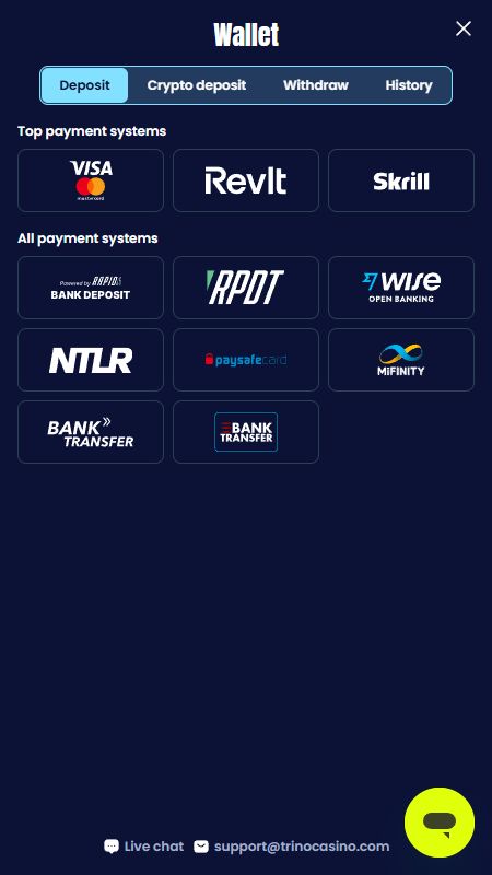 Maksājumu metožu sadaļa vietnē TrinoCasino