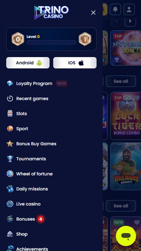 Izpētiet TrinoCasino vietnes pilnas izvēlnes iespējas