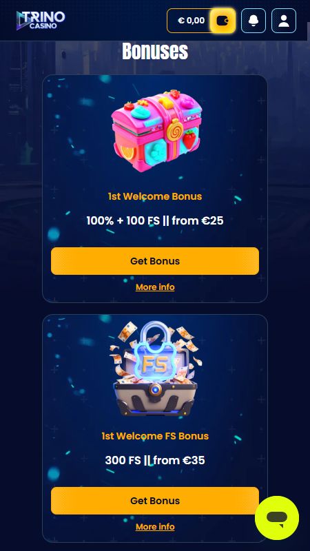 Akcijas lapa vietnē TrinoCasino