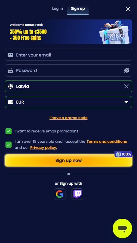 Konta izveide vietnē TrinoCasino