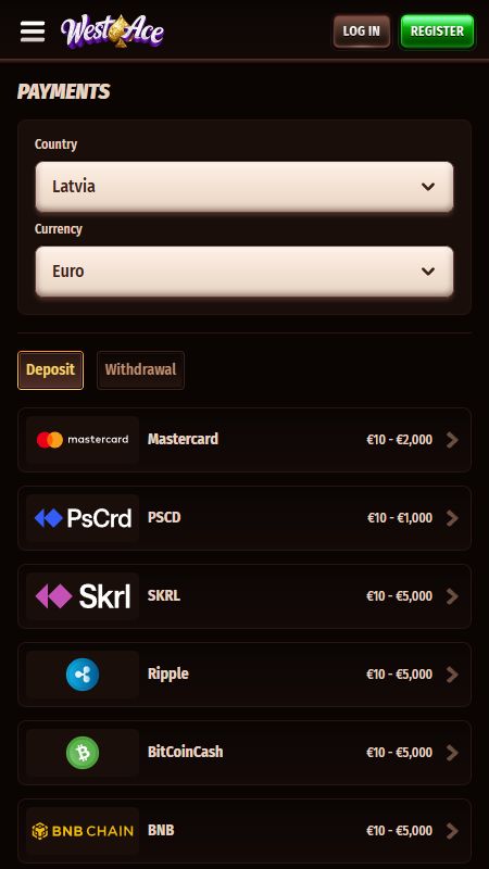 Maksājumu metožu sadaļa vietnē WestAce