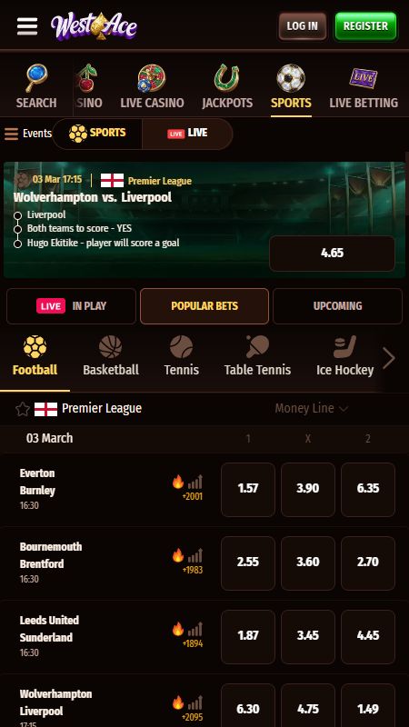 Tiešsaistes sporta derību sadaļa vietnē WestAce