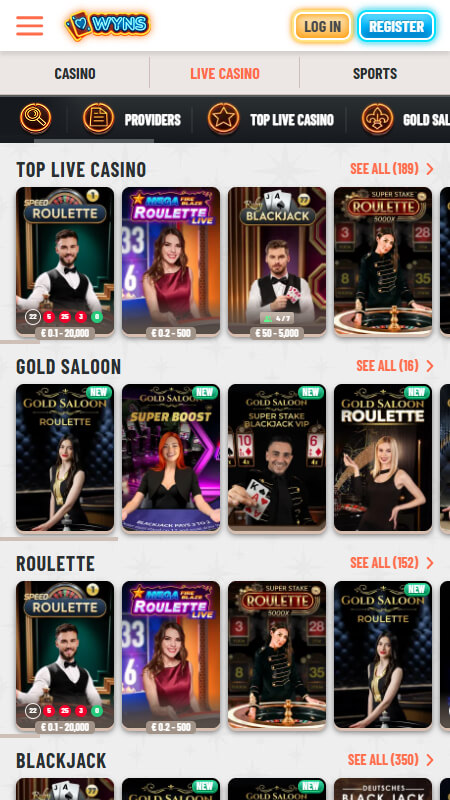 Wyns kazino live games
