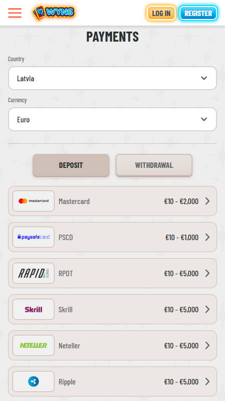 Wyns kazino Payments Latvia
