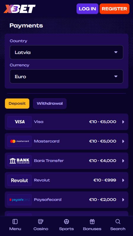 Maksājumu metožu sadaļa vietnē X3Bet