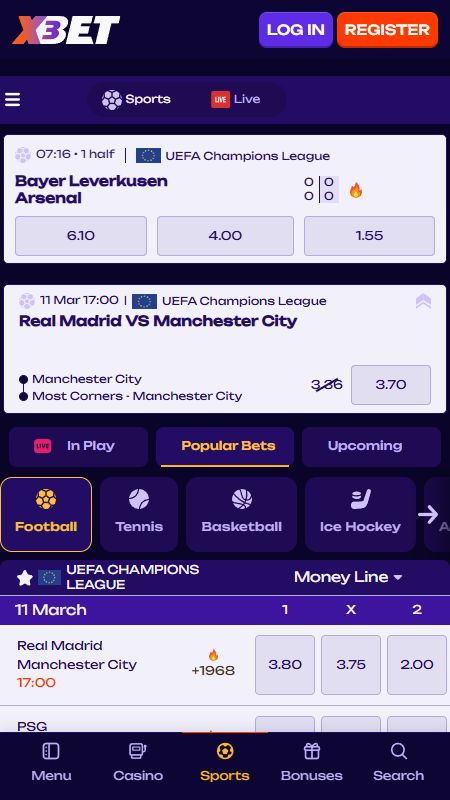 Tiešsaistes sporta derību sadaļa vietnē X3Bet