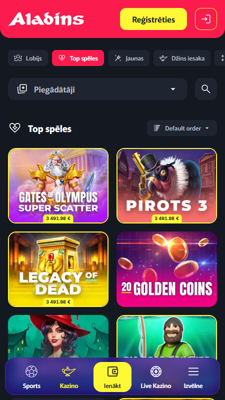 Aladins kazino top speles