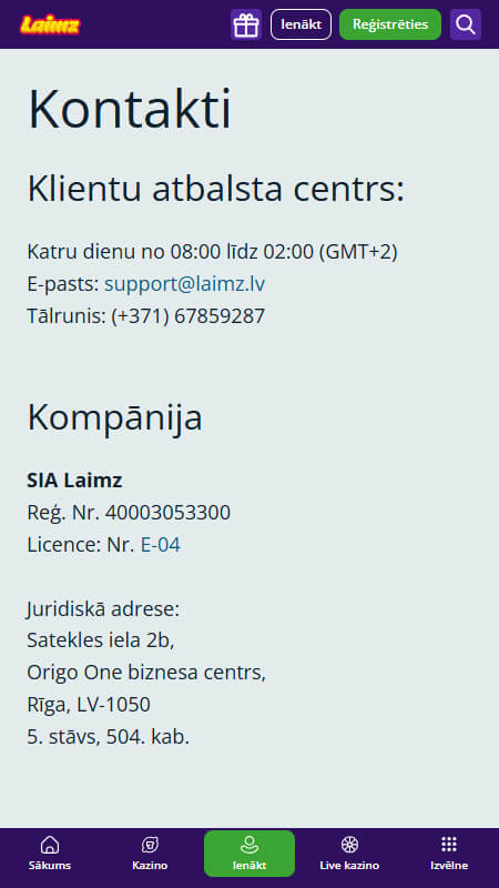 Laimz contact page Latvia