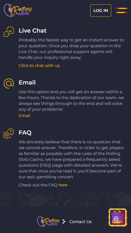 Rolling Slots support contscts