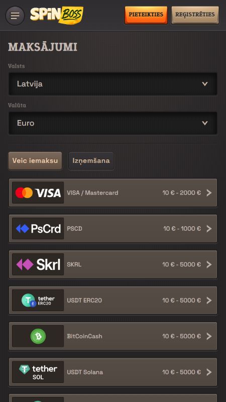 SpinBoss totalizatora maksājumu metodes