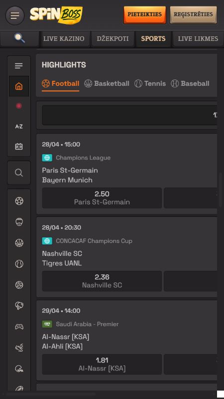 SpinBoss totalizatora sporta veidi un likmju piedāvājums