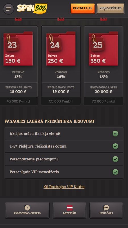 VIP programma pastāvīgajiem lietotājiem ar īpašām priekšrocībām Spinboss