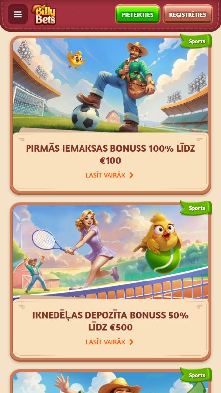 BillyBets sporta bonusu sadaļa