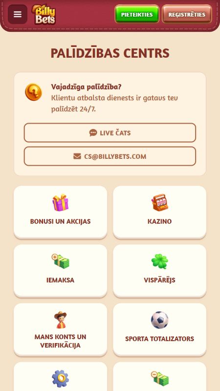BillyBets klientu atbalsts un kontakti