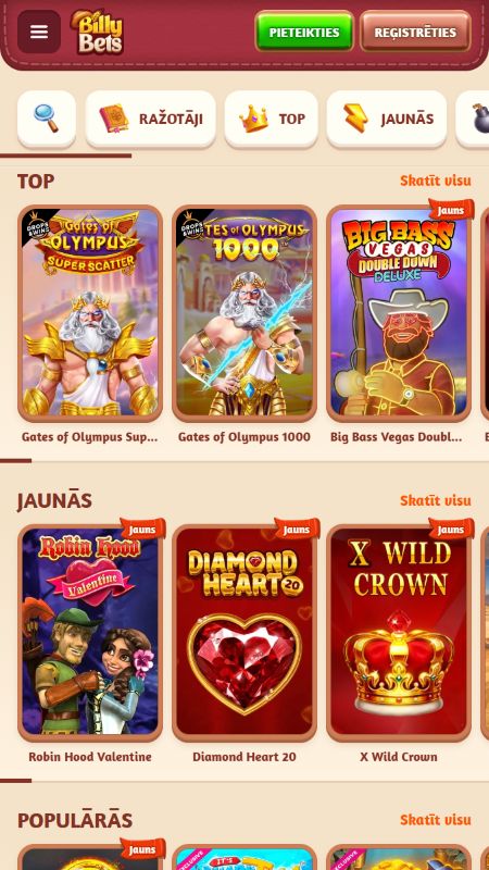 Billybets kazino spēļu izvēle