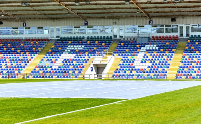 LATVIA, RIGA, SEPTEMBER, 2022 - View of pitch and stands of SKONTO football stadium in Riga, Latvia. The interior of the soccer stadium