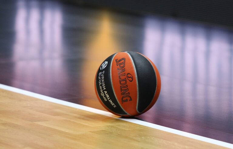 Spalding, official Match Ball of the Turkish Airlines EuroLeague seen on the parquet of Uber Arena in Berlin during the basketball game ALBA Berlin v Partizan Belgrade