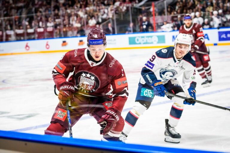 RIGA, LATVIA. May 6, 2026 A men's ice hockey match between the Latvian team and the Norwegian team at the Xiaomi Arena.