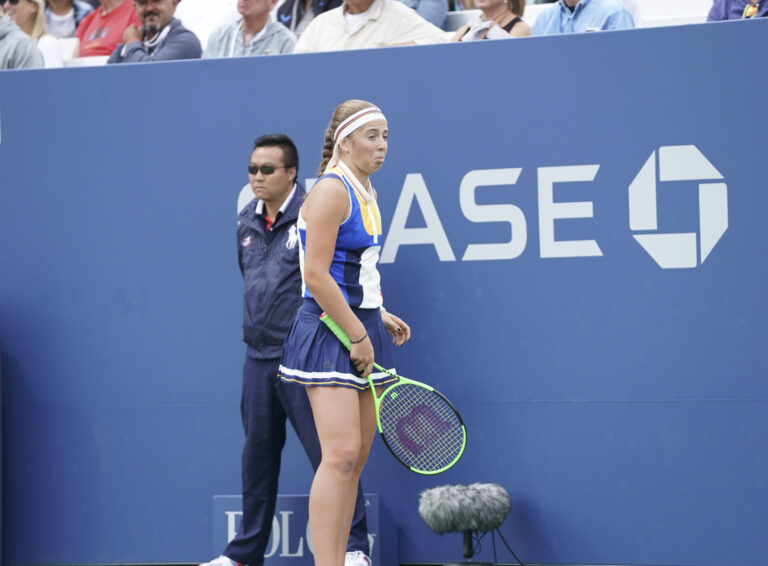 Jelena Ostapenko of Latvia reacts during match against Daria Kasatkina